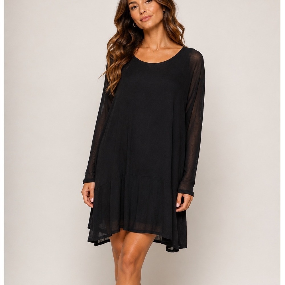 Flax Tunic Dress Women LG Black Lagenlook Long Sleeve Scoop Neck Side Slit Boho